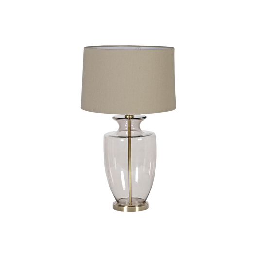 SOFIA Shaped Glass Table Lamp with beige linen shade and brass accents for a modern, sophisticated look.