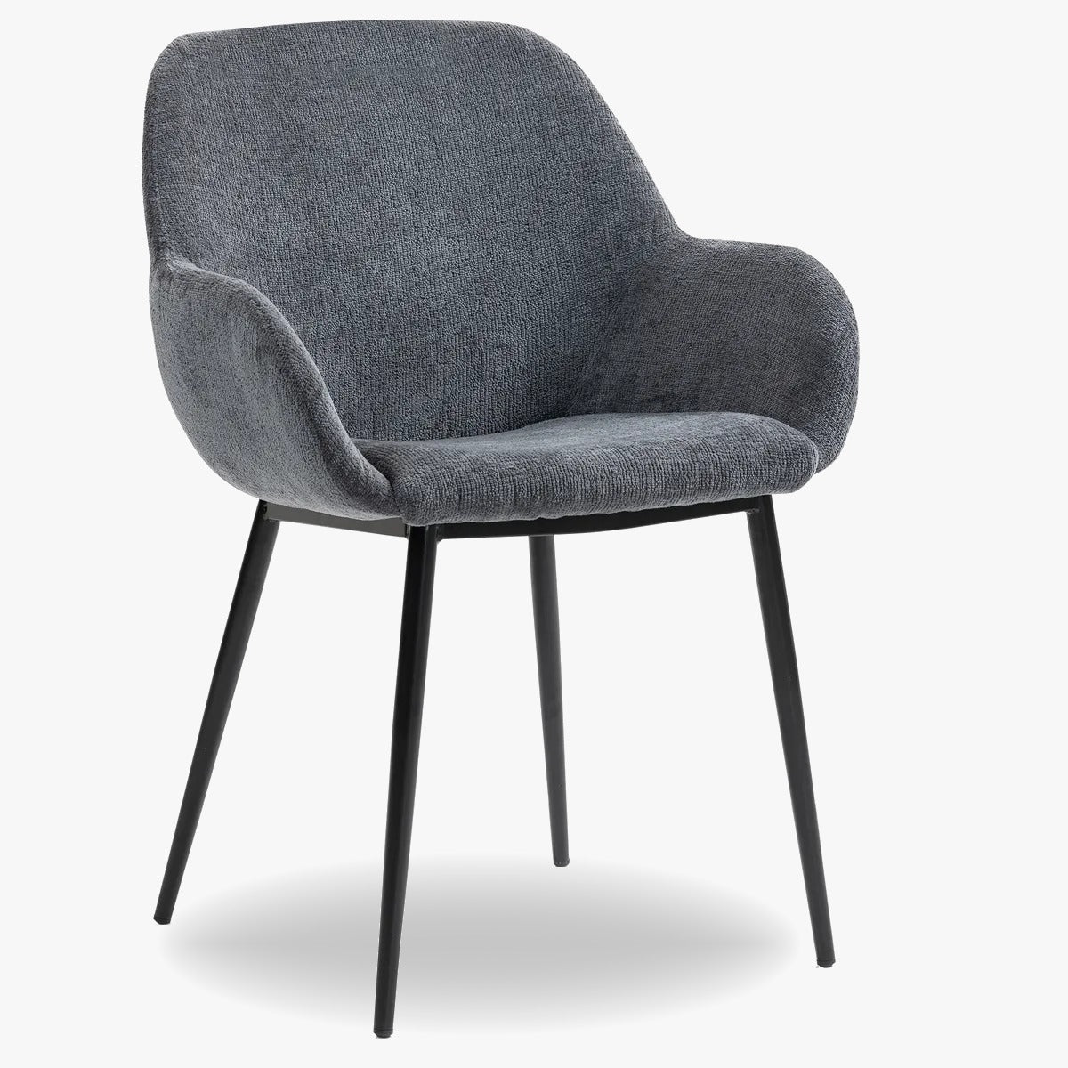 The Blake chair combines soft chenille fabric with a gently curved design and armrests for elevated comfort. With its sturdy black metal base, it’s an ideal choice for dining rooms, home offices, or contemporary living spaces