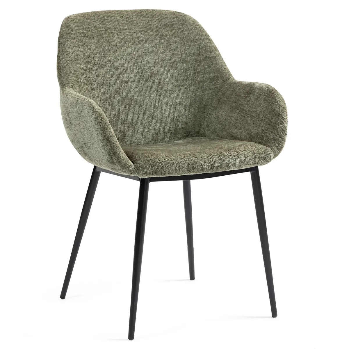 The Blake chair combines soft chenille fabric with a gently curved design and armrests for elevated comfort. With its sturdy black metal base, it’s an ideal choice for dining rooms, home offices, or contemporary living spaces