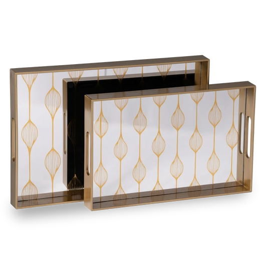 Imogen silver-gold decorative tray set with geometric pattern on mirrored surface
