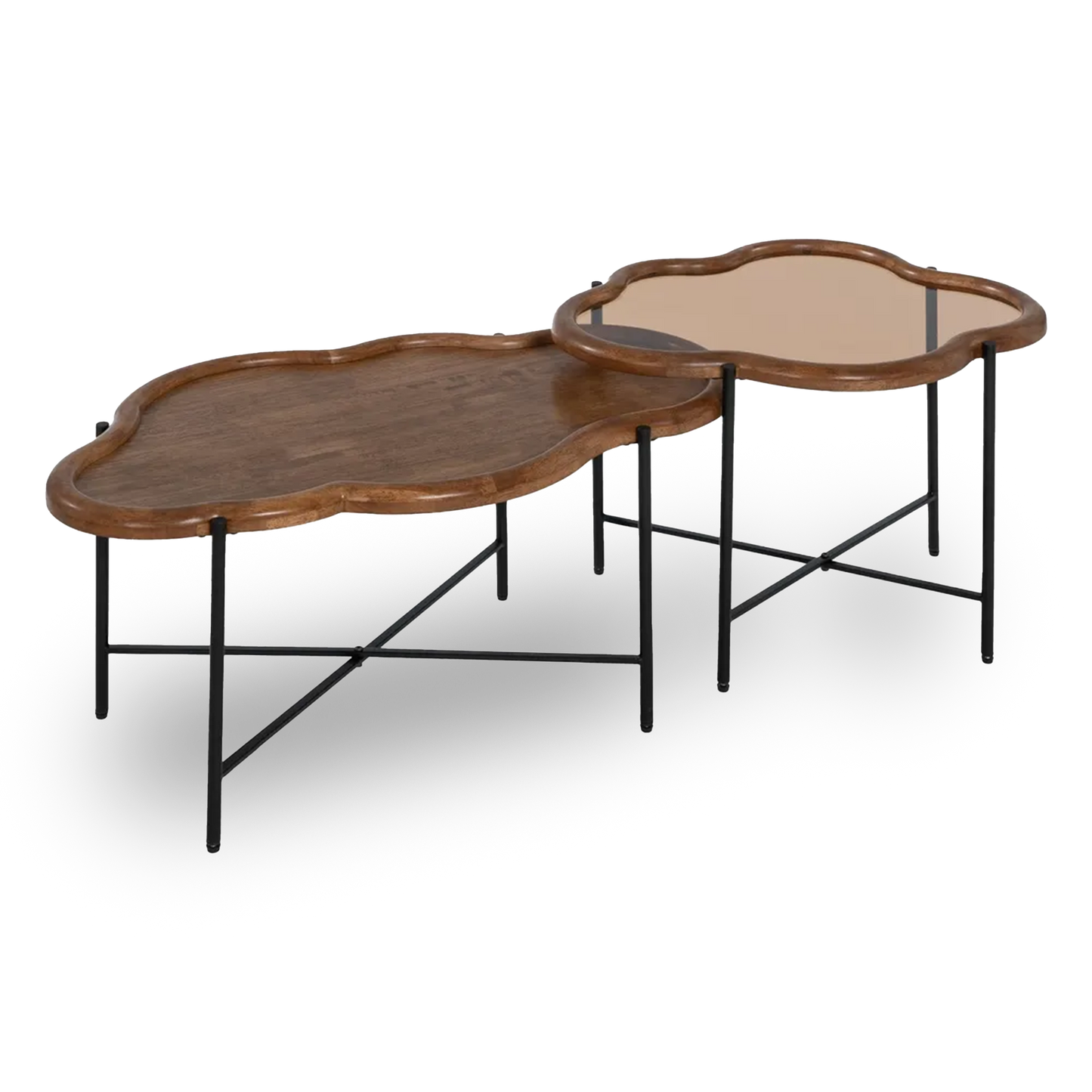 Finn dual-level coffee tables with natural wood and glass in a modern setting