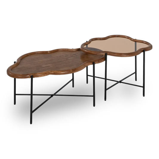 Finn dual-level coffee tables with natural wood and glass in a modern setting