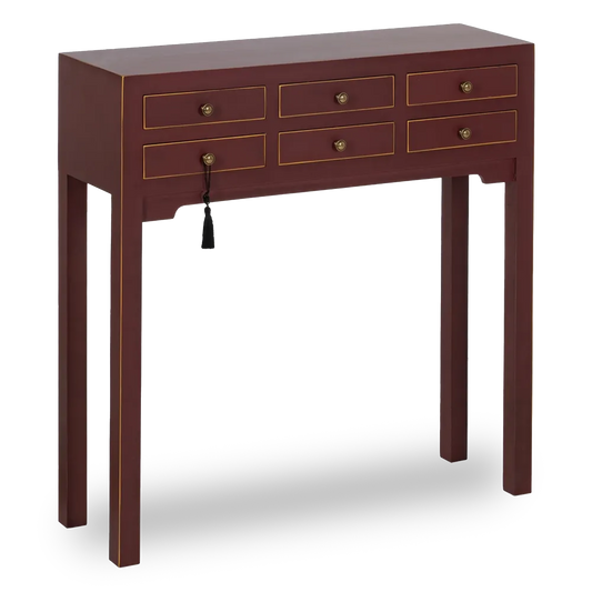 Aina red wooden console with 6 drawers and gold accent lines
