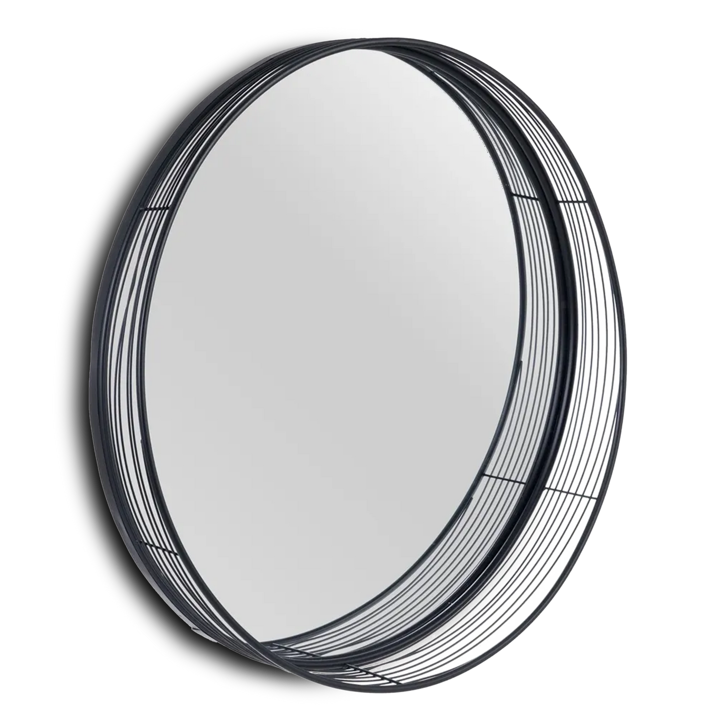 Paula black metal circular mirror in a modern decor setting