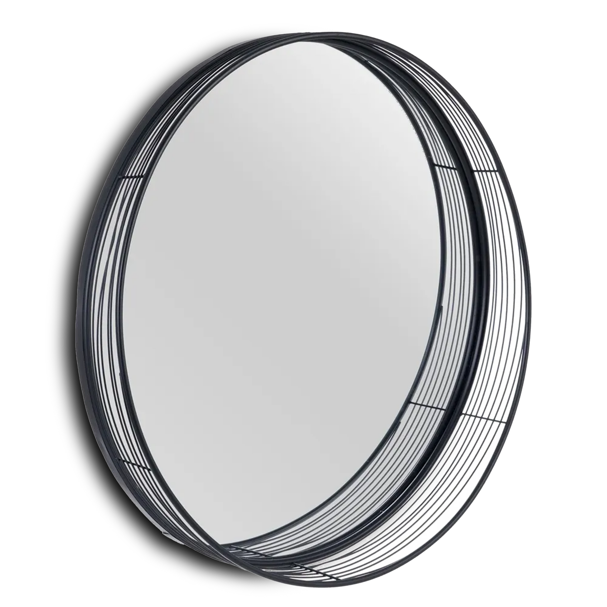 Paula black metal circular mirror in a modern decor setting