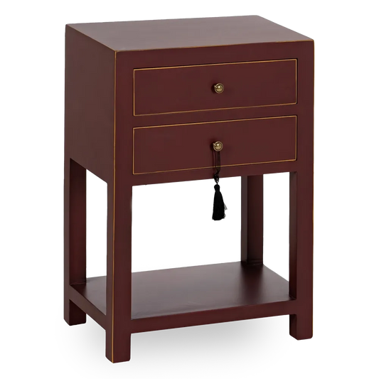 Ariadna terracotta red wooden side table with 2 drawers and lower shelf