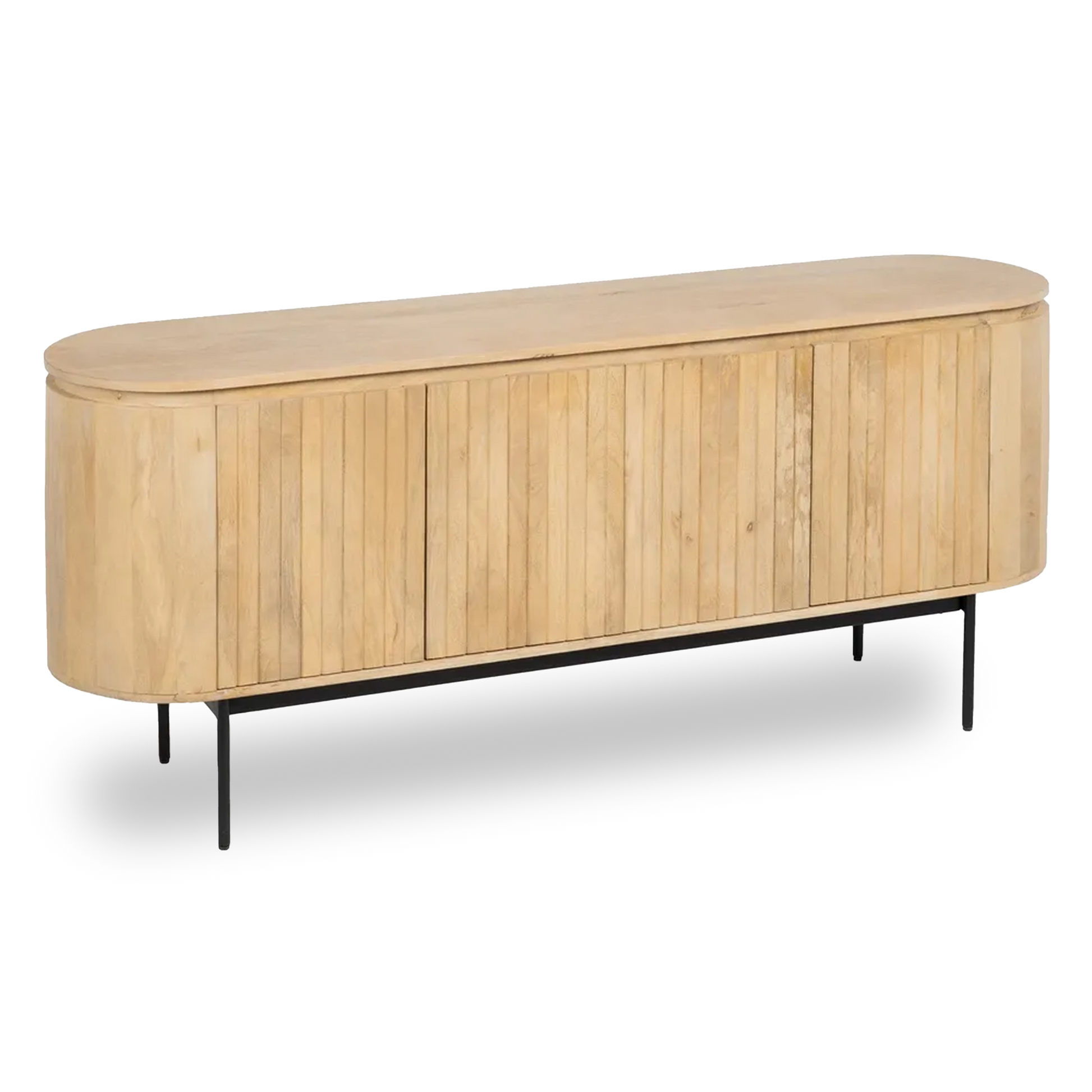 Abril natural wood buffet with black iron legs and slatted door design