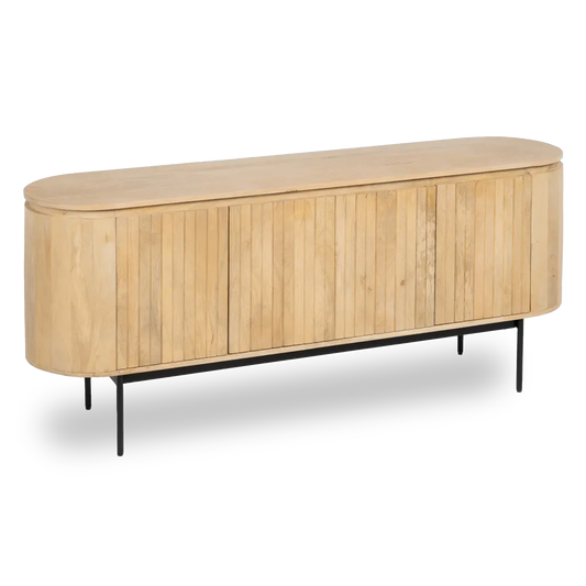 Abril natural wood buffet with black iron legs and slatted door design