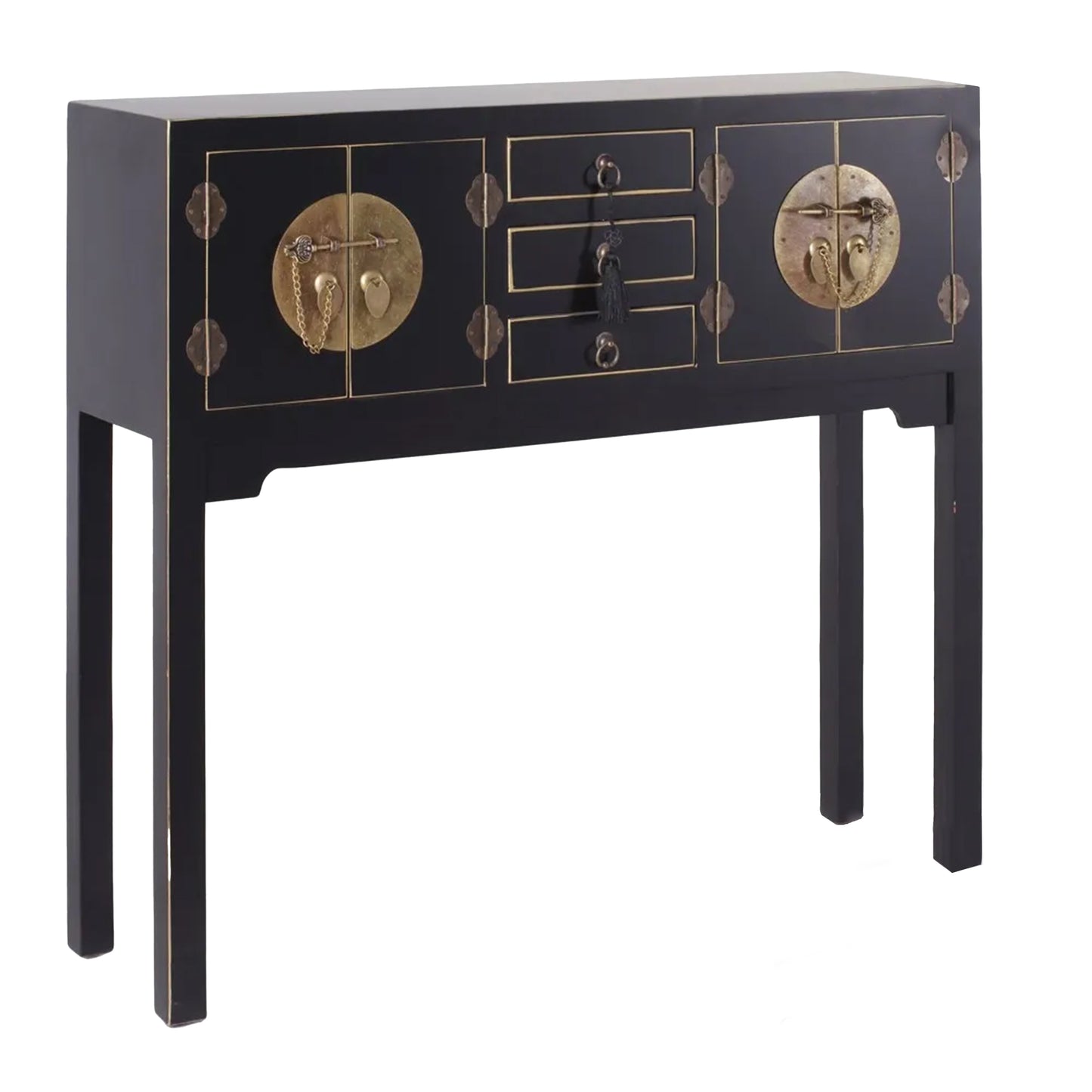 Alejandra black console table with brass handles, 4 doors and 3 drawers