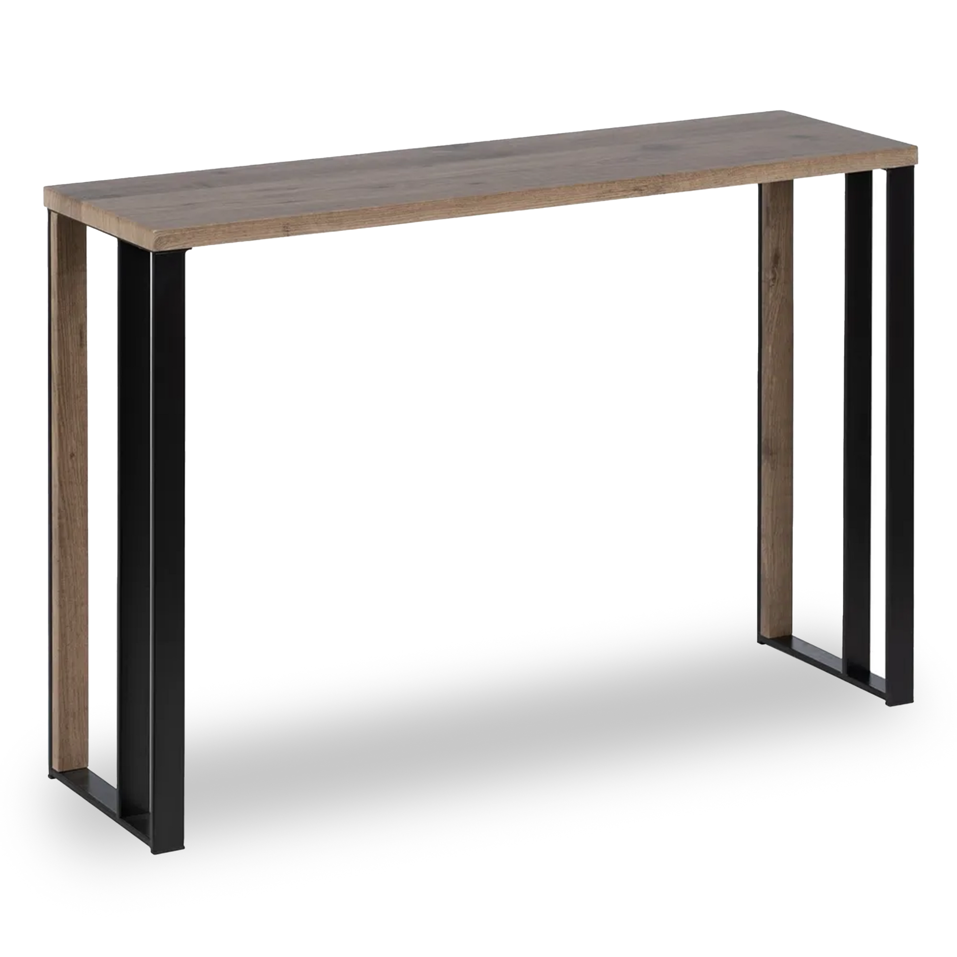 Aitana natural MDF console table with black metal legs in a modern hallway