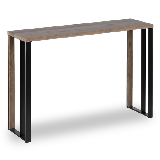 Aitana natural MDF console table with black metal legs in a modern hallway