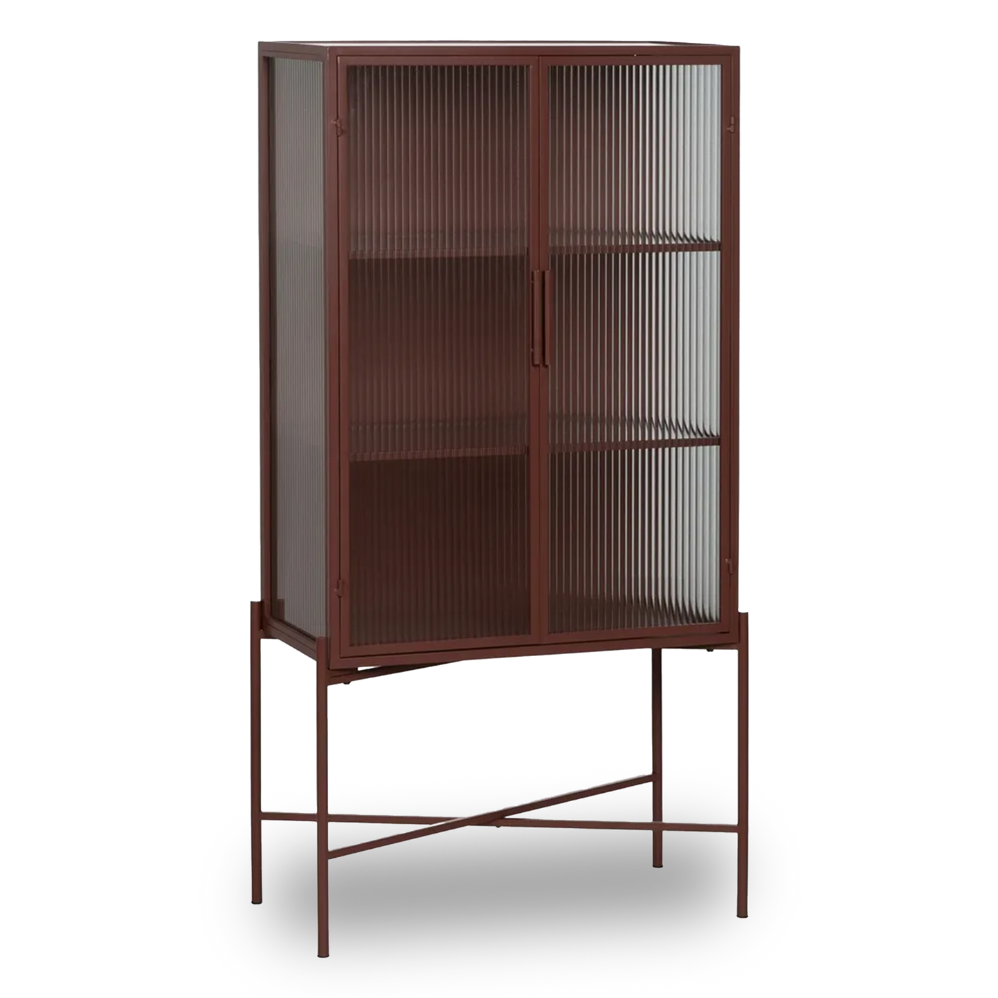 Pablo showcase cabinet with tile-colored metal frame and ribbed glass doors in modern interior