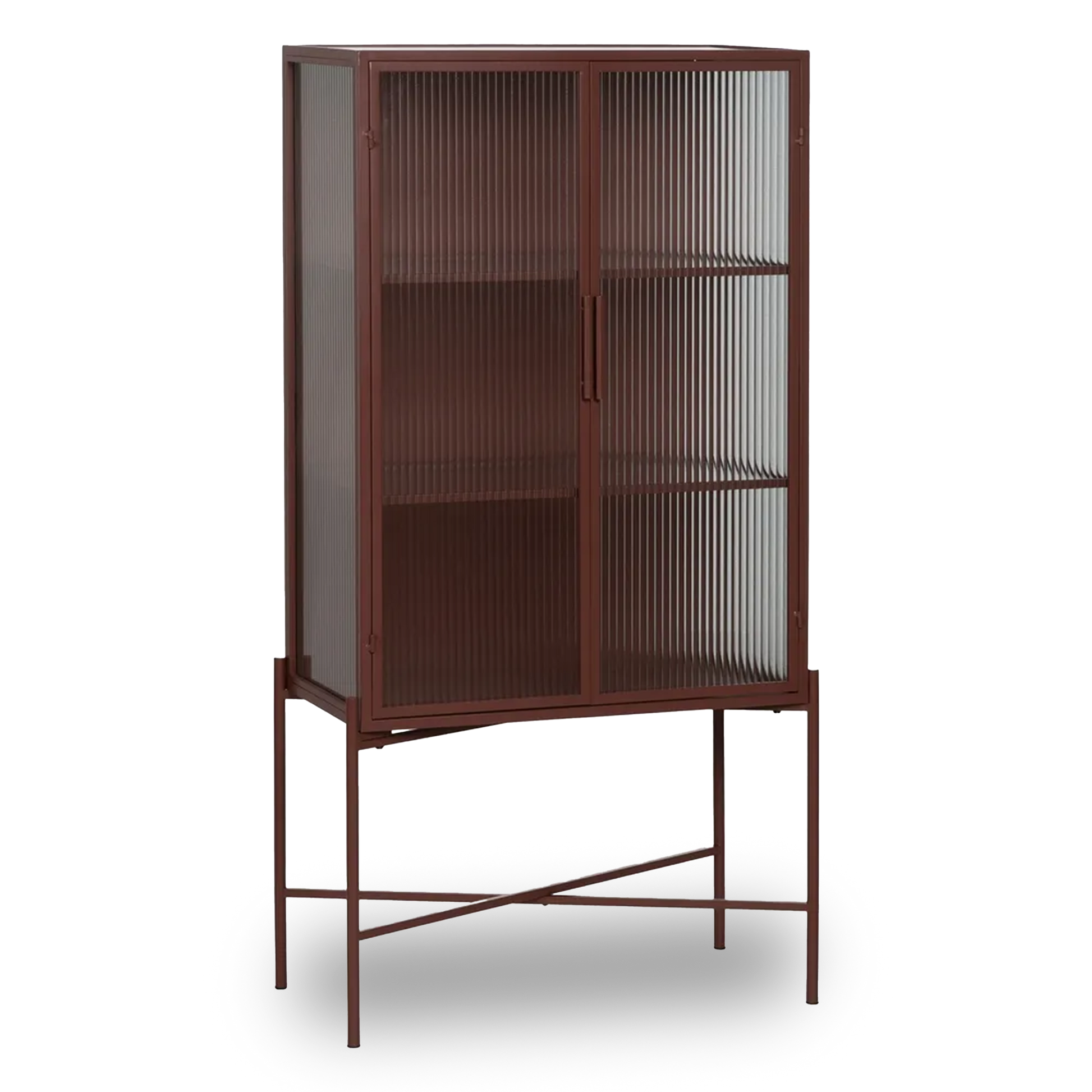 Pablo showcase cabinet with tile-colored metal frame and ribbed glass doors in modern interior