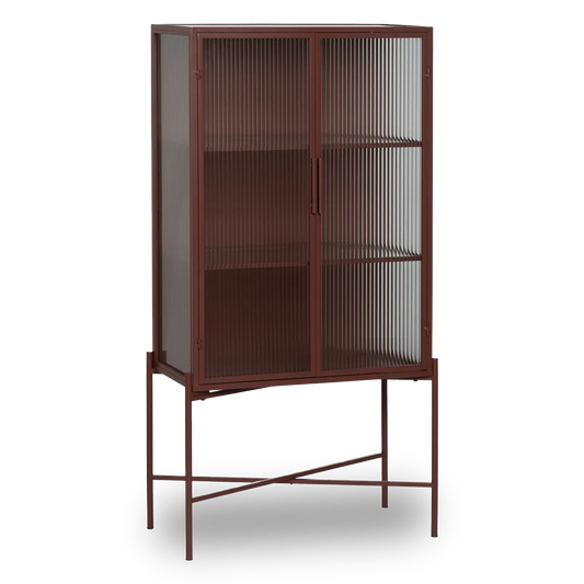 Pablo showcase cabinet with tile-colored metal frame and ribbed glass doors in modern interior