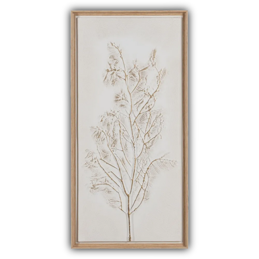 Clodagh botanical relief painting in wooden frame showcasing serene nature vibes