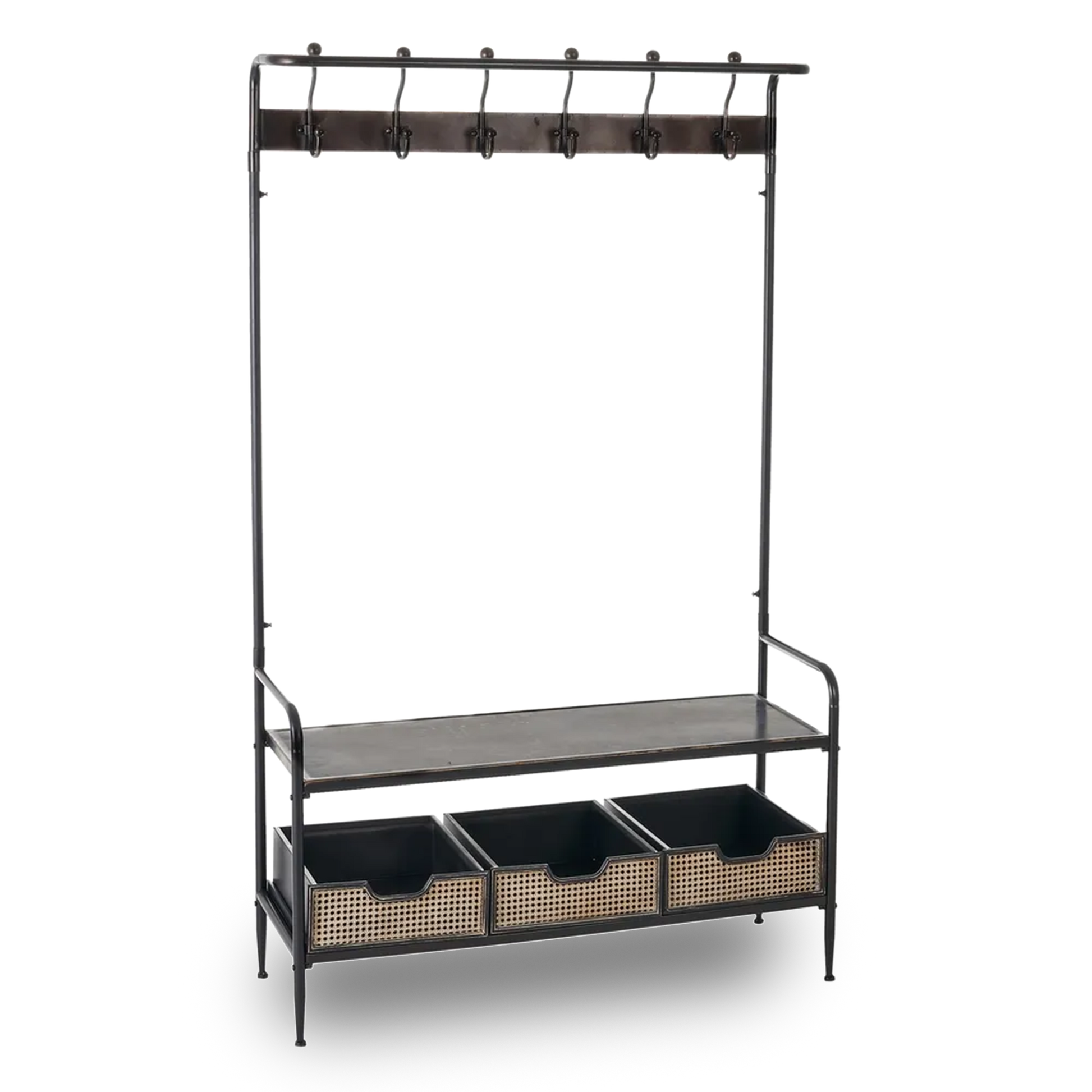 Lucas black and brown industrial coat rack with bench and woven storage drawers
