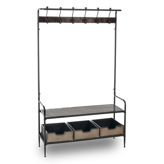 Lucas black and brown industrial coat rack with bench and woven storage drawers