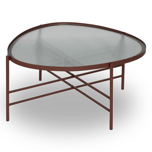 Alejandro tile-colored metal coffee table with ribbed glass top in a contemporary setting