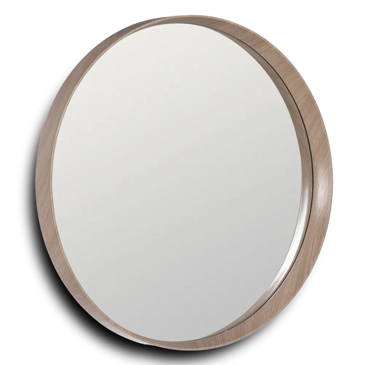 Alba round wall mirror with natural nude MDF frame in a modern interior