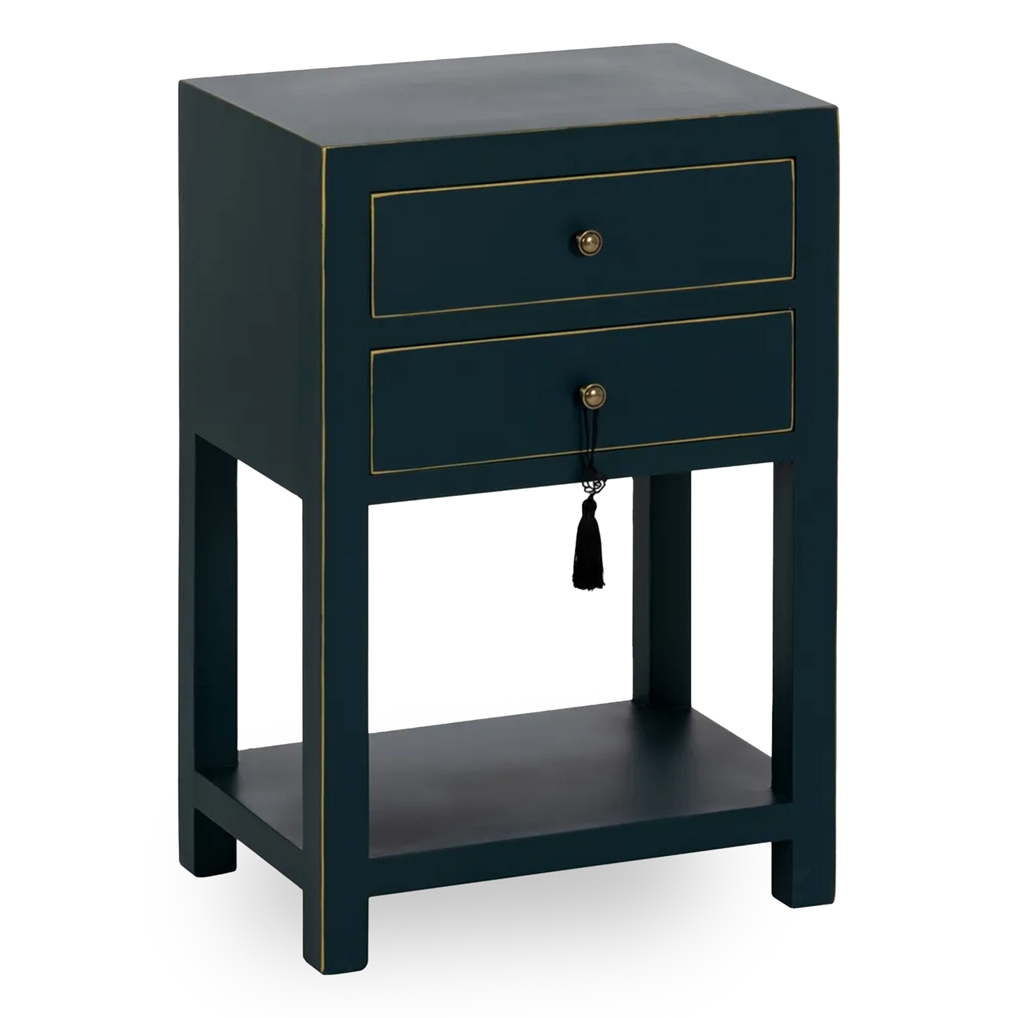 Ainhoa blue lacquered side table with 2 drawers, gold trim, and shelf