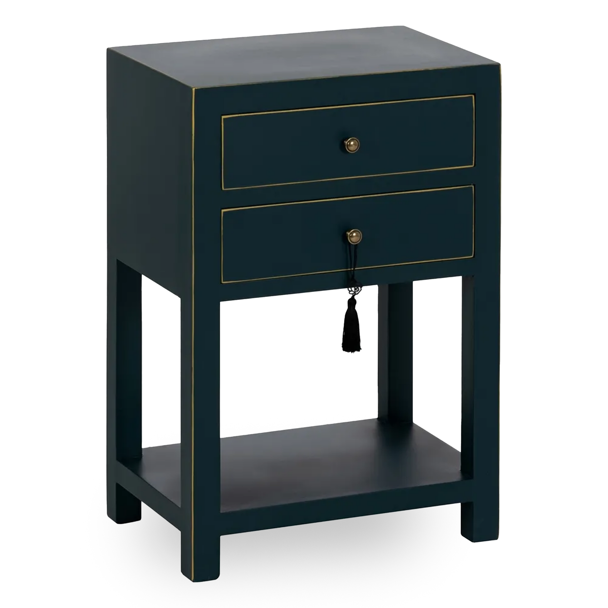 Ainhoa blue lacquered side table with 2 drawers, gold trim, and shelf