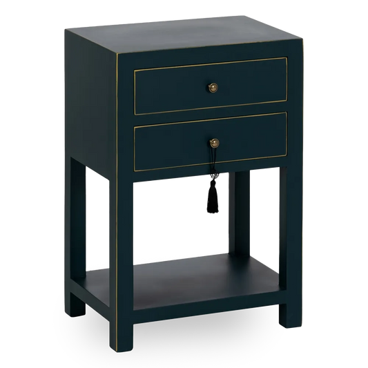 Ainhoa blue lacquered side table with 2 drawers, gold trim, and shelf