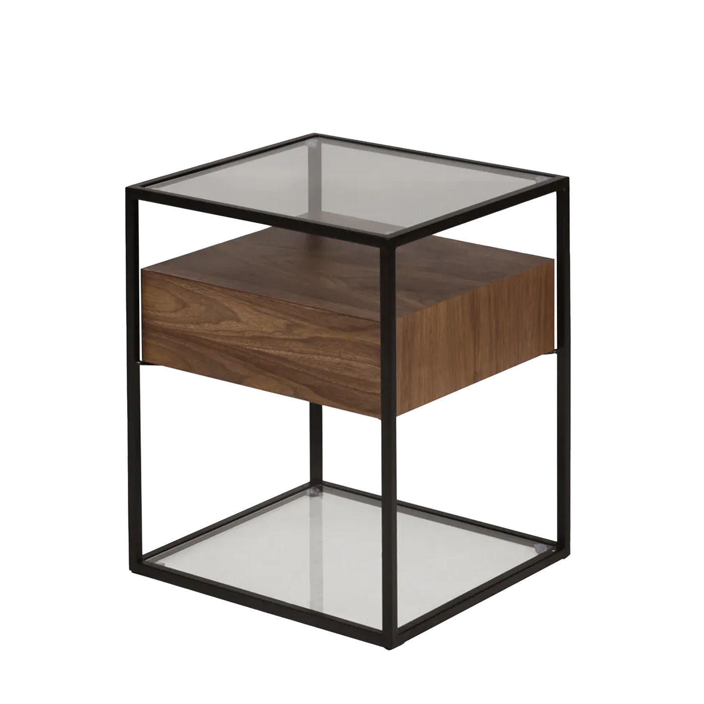 Cayetana 1-drawer end unit with black frame, glass shelves, and wood drawer – AK Interior Living