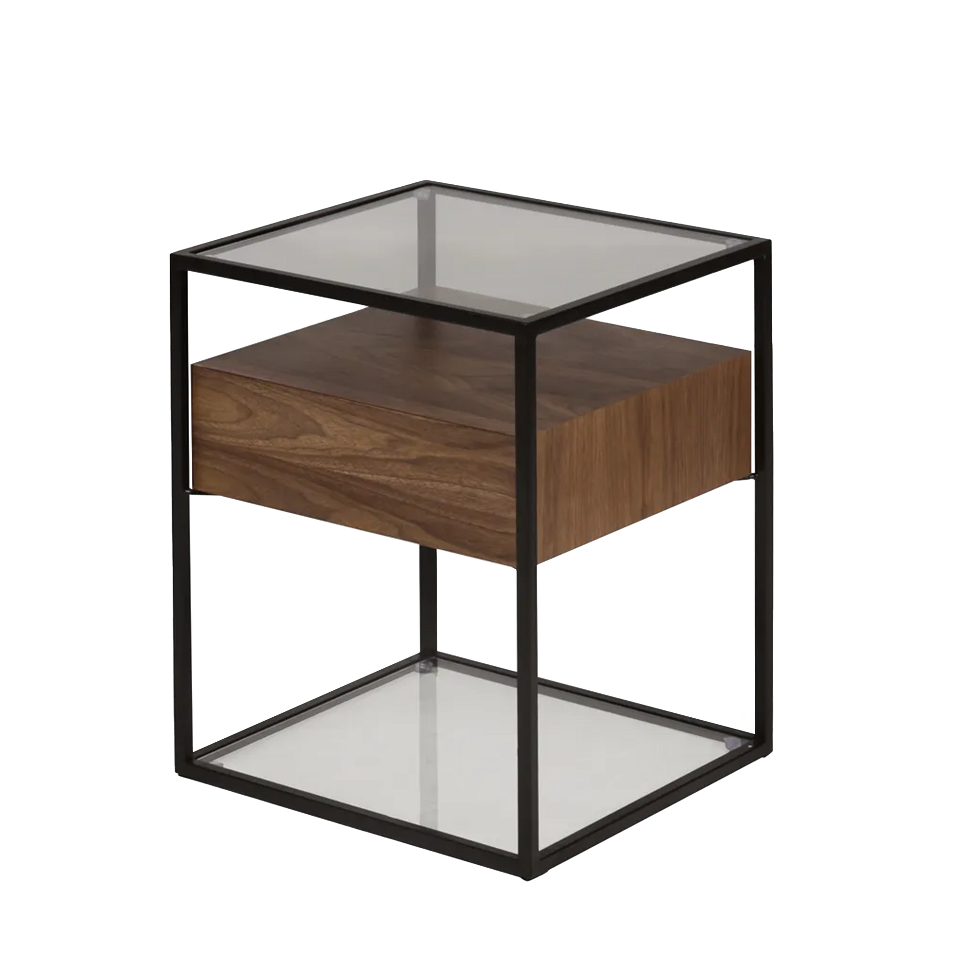 Cayetana 1-drawer end unit with black frame, glass shelves, and wood drawer – AK Interior Living