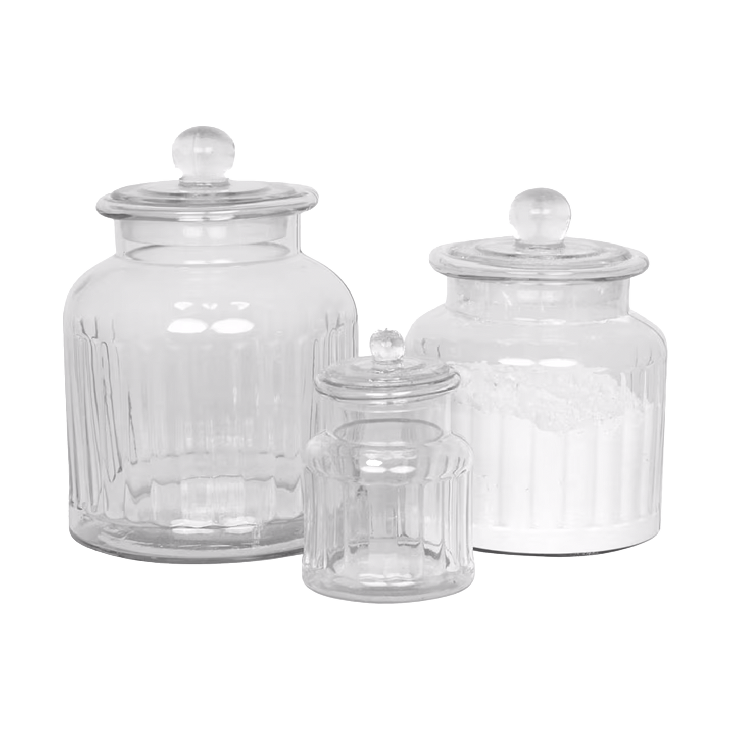 Vera Glass Jar Set – clear ribbed glass storage jars with elegant lids, available in small, medium, and large sizes.