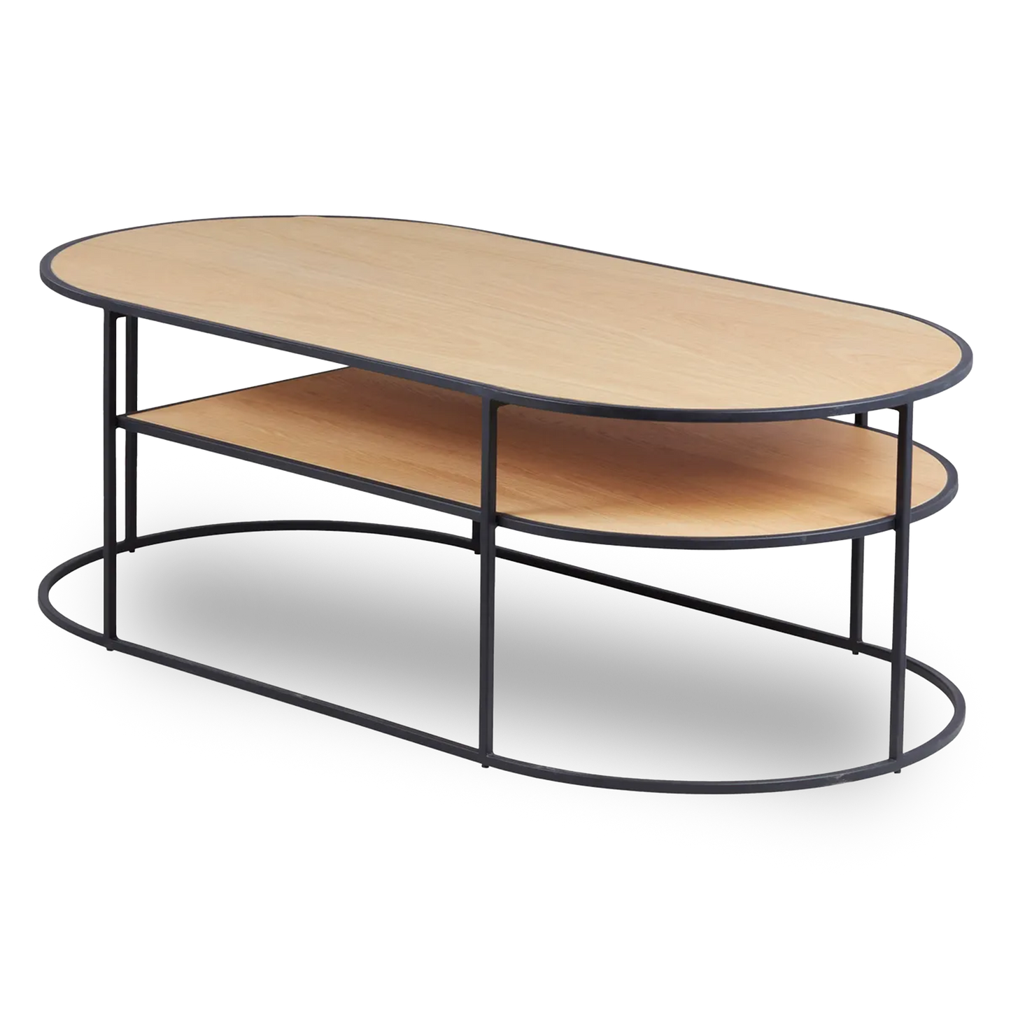 AISLING coffee table with natural oak top and black metal frame, featuring lower shelf storage