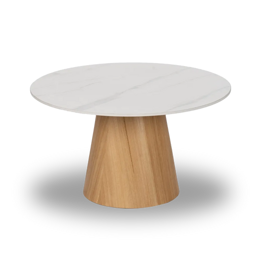 Orla white ceramic and natural metal coffee table in a contemporary setting