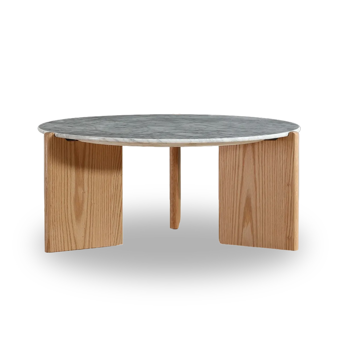 Riley coffee table with white marble top and oak veneer legs in a modern living room setting