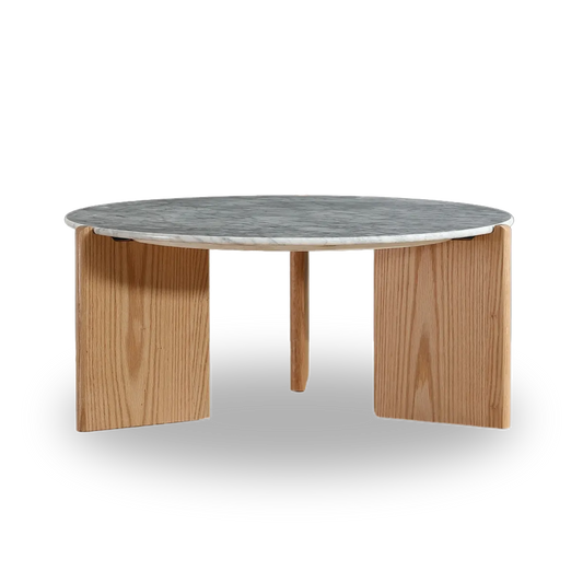 Riley coffee table with white marble top and oak veneer legs in a modern living room setting