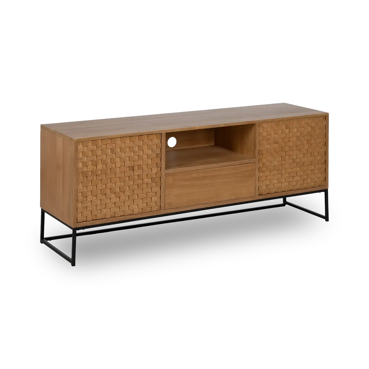 Daniel TV cabinet with natural MDF-wood and woven doors on black metal base