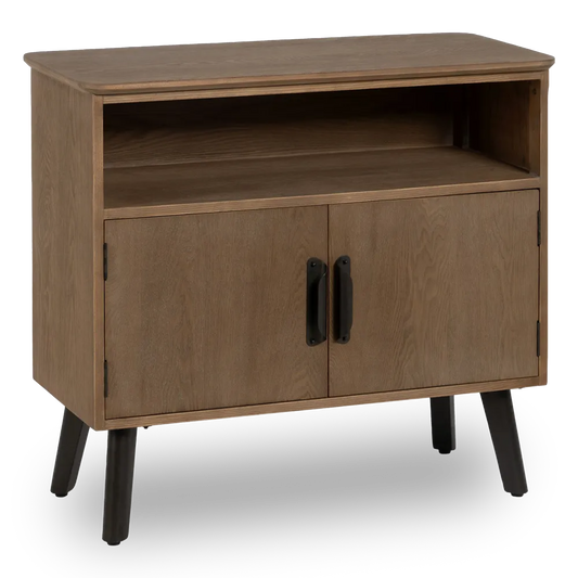 Tadhg natural wood and black metal hall console in a modern home setting