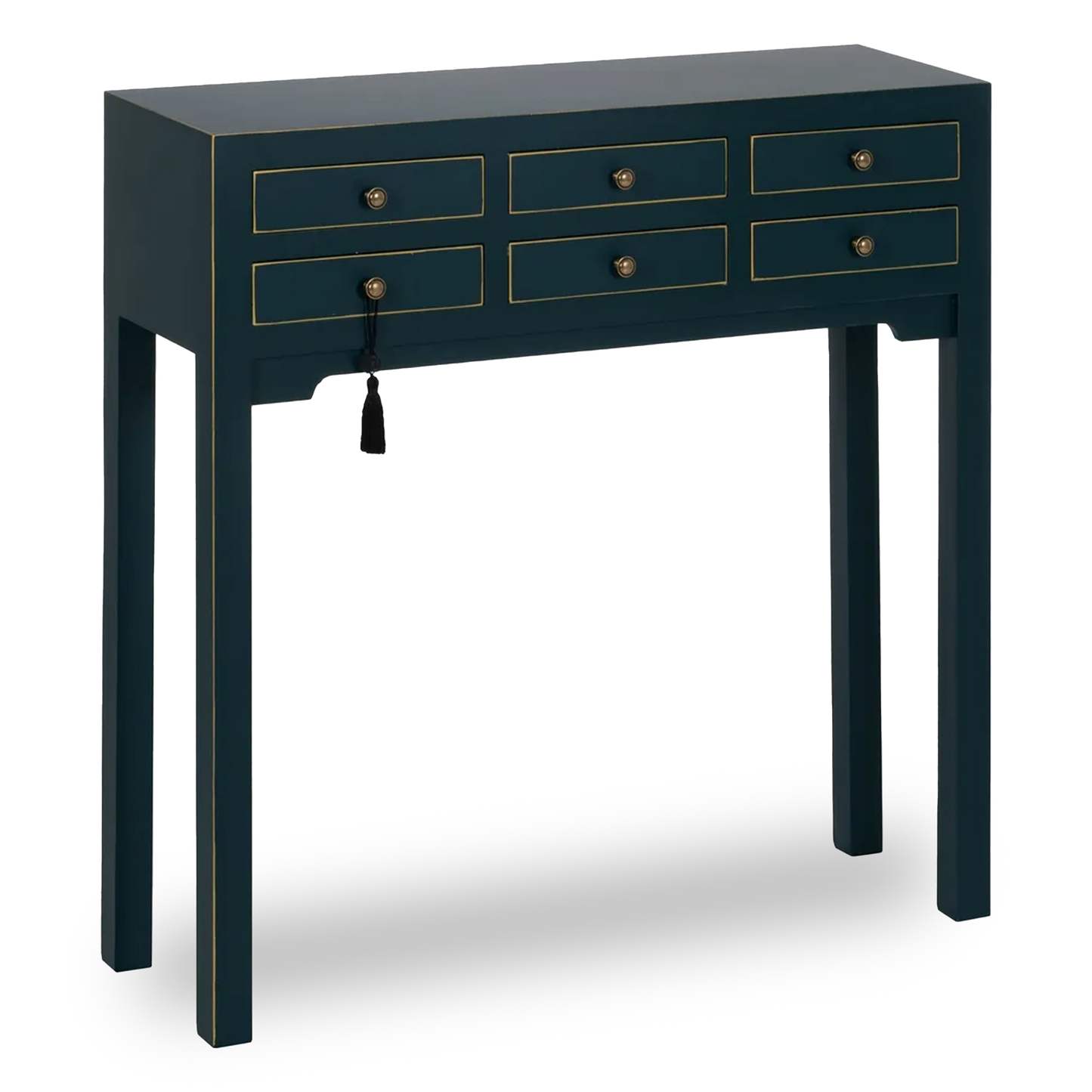 Ainara blue wooden console with 6 drawers and gold trim