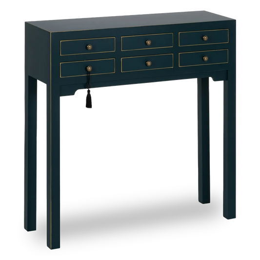 Ainara blue wooden console with 6 drawers and gold trim