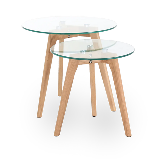 Set of 2 Bloom nesting tables with glass tops and wooden legs – AK Interior Living