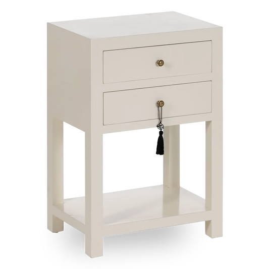Aroa white wooden side table with 2 drawers and open shelf