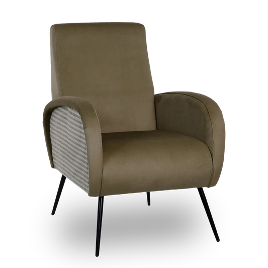 Lucia olive green fabric armchair with modern metal legs in a stylish interior