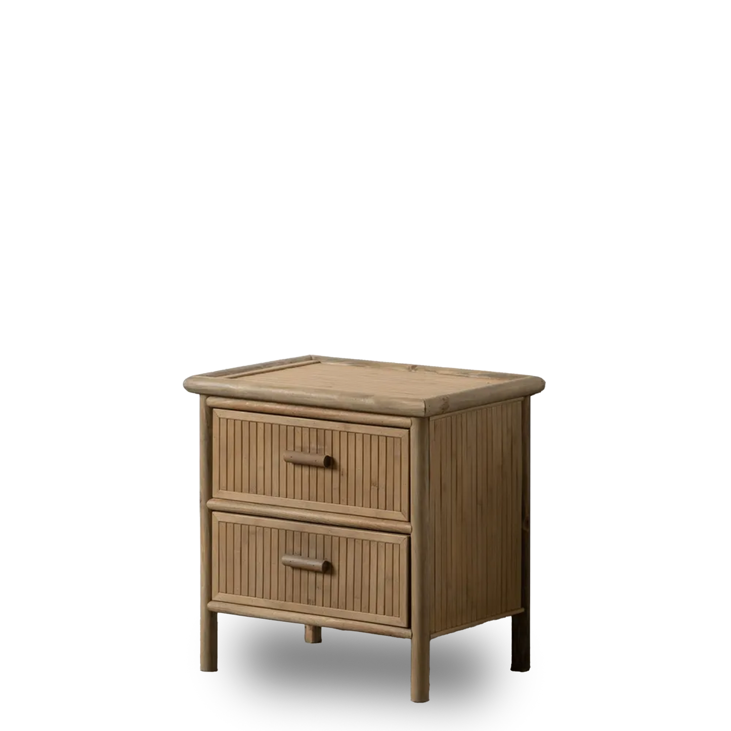 Hugo compact bamboo bedside table with two drawers in minimalist interior