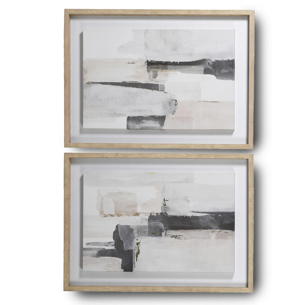 JIM Set of 2 Framed Canvas Paintings with natural wood frames.