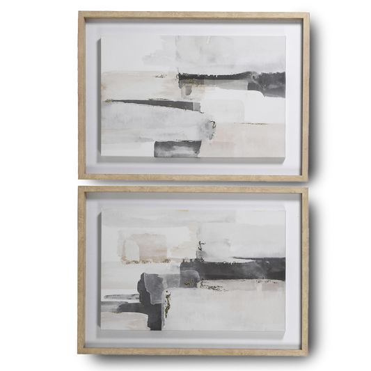 JIM Set of 2 Framed Canvas Paintings with natural wood frames.