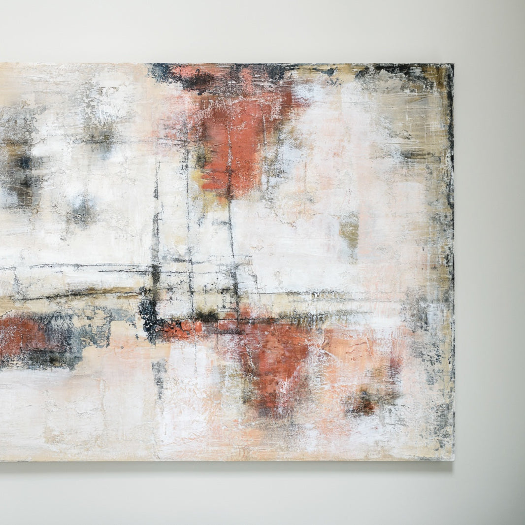 GAL abstract painting with warm red and beige tones.