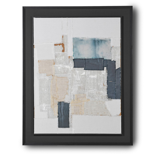 HUGH abstract canvas artwork with soft tones and black frame.