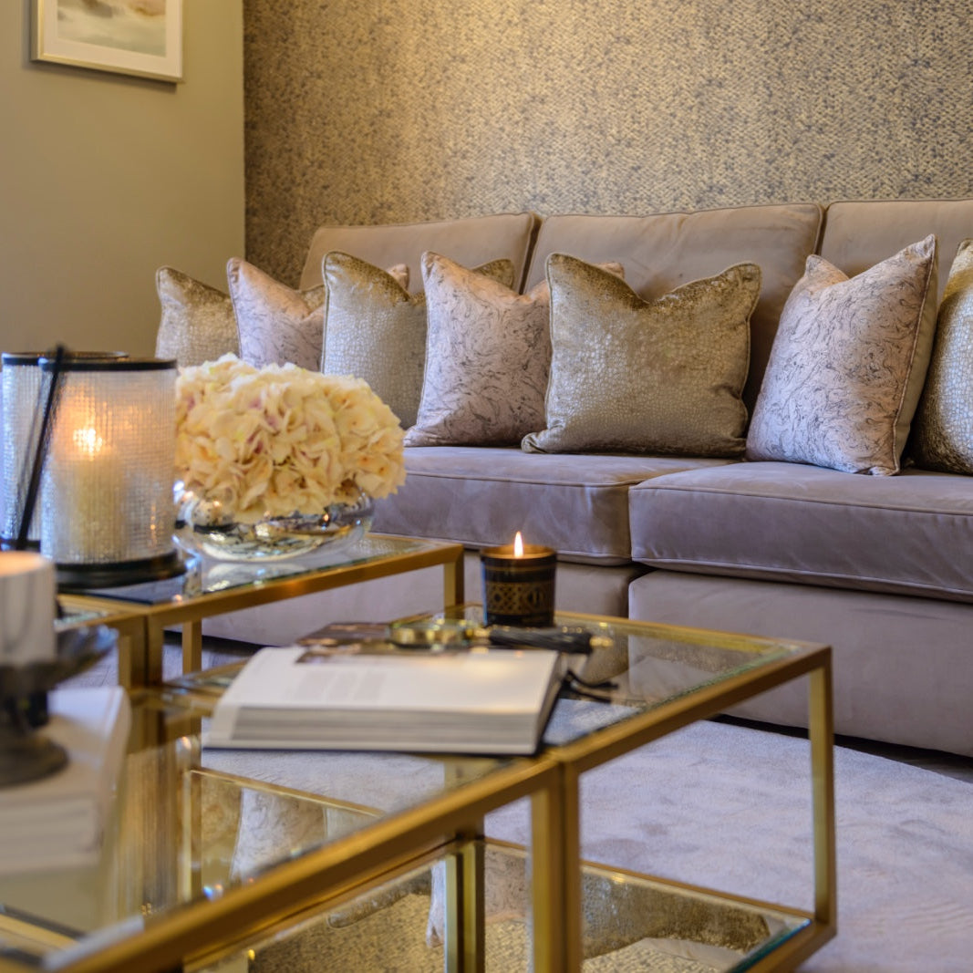 SHAWN Modular coffee table with tempered glass tops and gold metal frame, featuring a multi-level design for versatile and stylish living.