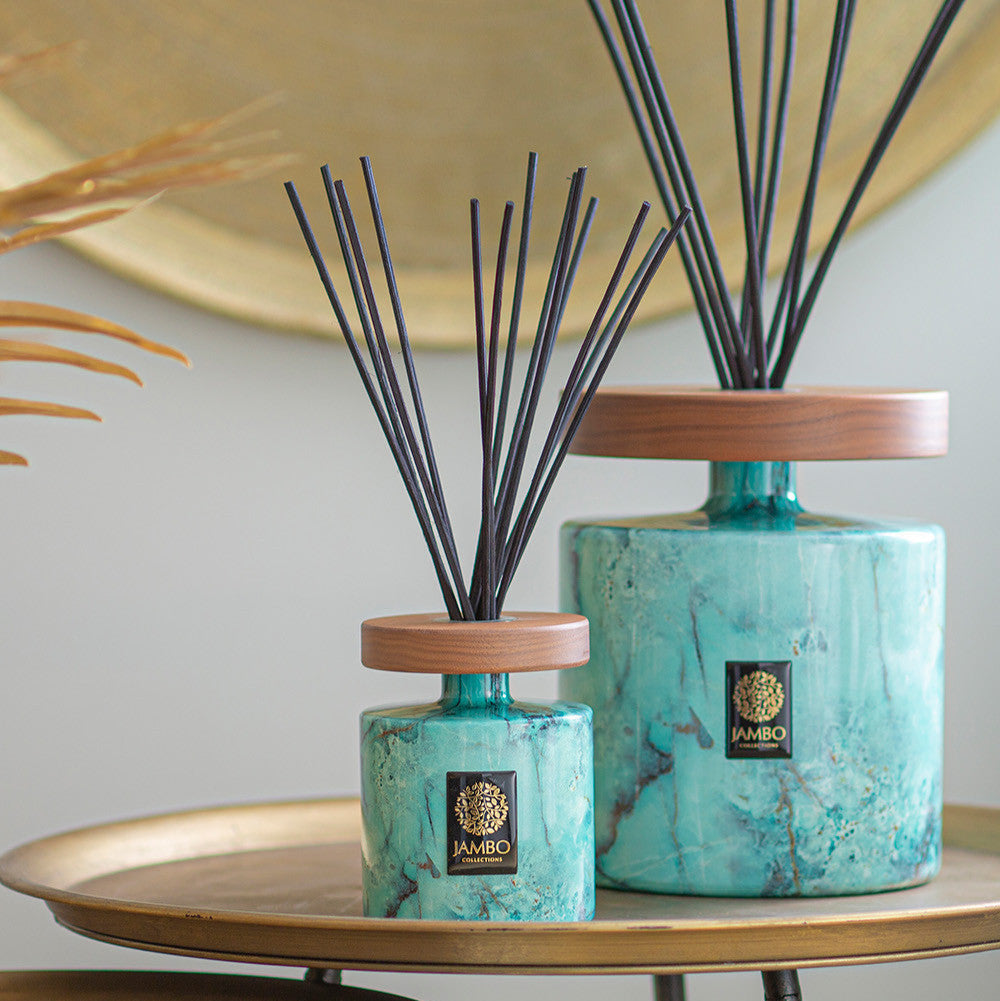 Yejele Reed Diffuser – artisan turquoise diffuser with neroli, eucalyptus, and fig fragrance from Jambo Exclusivo Collection.