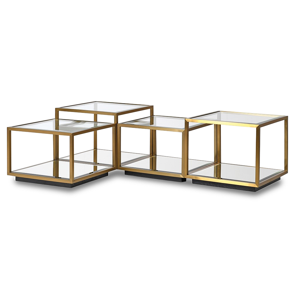 SHAWN Modular coffee table with tempered glass tops and gold metal frame, featuring a multi-level design for versatile and stylish living.