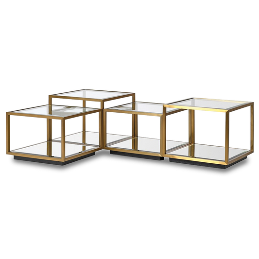 SHAWN Modular coffee table with tempered glass tops and gold metal frame, featuring a multi-level design for versatile and stylish living.