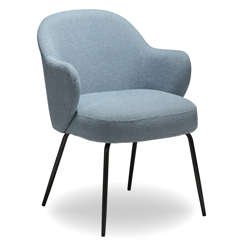LANA dining chair in Blue Fog boucle with curved arms and antique pewter legs by AK Interior Living
